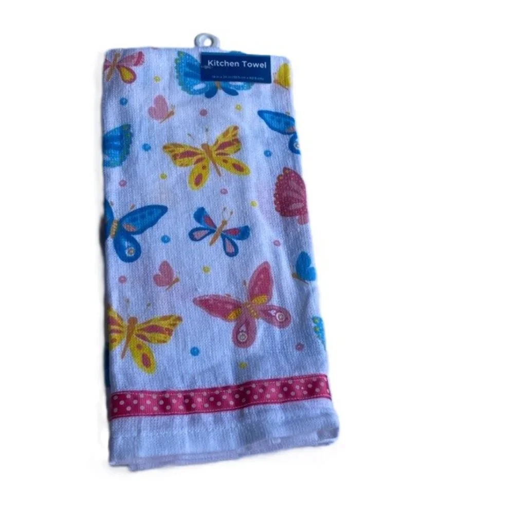 FLOWERS IN BLOOM Kitchen Towel Butterflies Pink White Accent NWT 14 x 24 inches